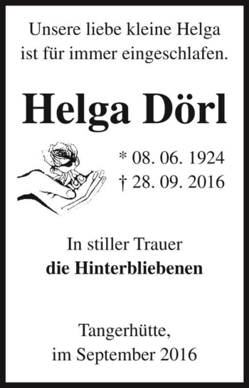 Traueranzeige von Helga Dörl  von Magdeburger Volksstimme