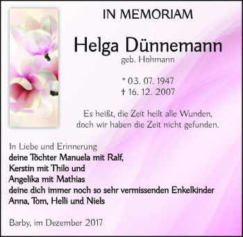 Traueranzeige von Helga Dünnemann (geb. Hohmann)  von Magdeburger Volksstimme