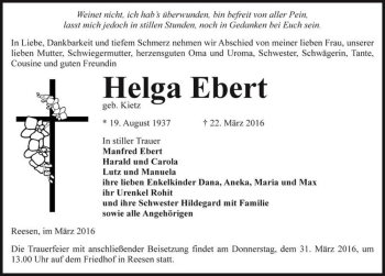 Traueranzeige von Helga Ebert (geb. Kietz)  von Magdeburger Volksstimme