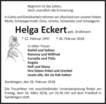 Traueranzeige von Helga Eckert (geb. Großmann)  von Magdeburger Volksstimme
