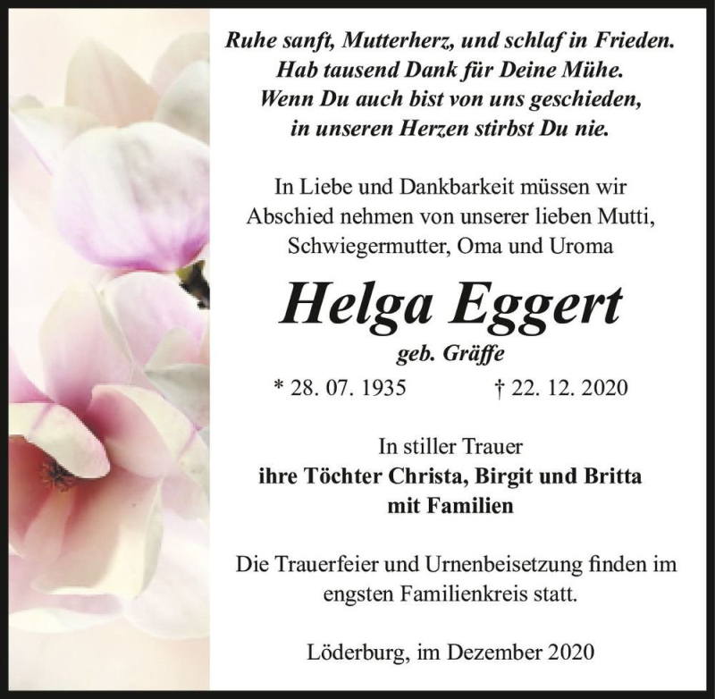  Traueranzeige für Helga Eggert (geb. Gräffe)  vom 02.01.2021 aus Magdeburger Volksstimme