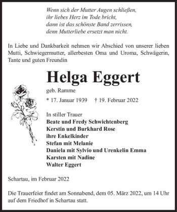 Traueranzeige von Helga Eggert (geb. Ramme)  von Magdeburger Volksstimme