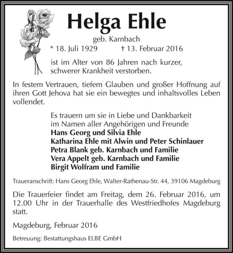  Traueranzeige für Helga Ehle (geb. Karnbach)  vom 20.02.2016 aus Magdeburger Volksstimme