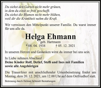 Traueranzeige von Helga Ehmann (geb. Hartmann)  von Magdeburger Volksstimme