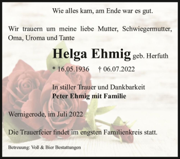 Traueranzeige von Helga Ehmig (geb. Herfuth)  von Magdeburger Volksstimme