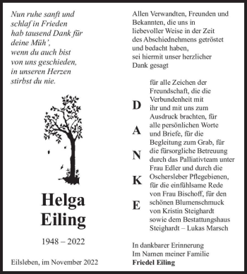 Traueranzeige von Helga Eiling  von Magdeburger Volksstimme