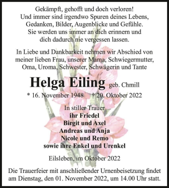 Traueranzeige von Helga Eiling (geb. Chmill)  von Magdeburger Volksstimme