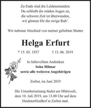 Traueranzeige von Helga Erfurt  von Magdeburger Volksstimme
