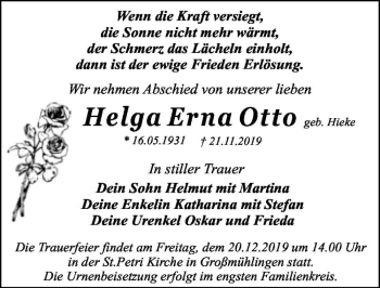 Traueranzeige von Helga Erna Otto (geb. Hieke)  von Magdeburger Volksstimme