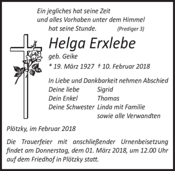 Traueranzeige von Helga Erxlebe (geb. Geike)  von Magdeburger Volksstimme