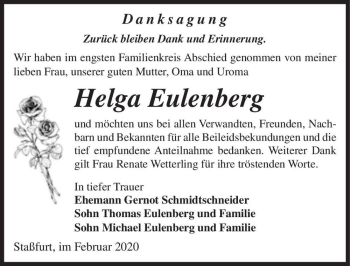 Traueranzeige von Helga Eulenberg  von Magdeburger Volksstimme