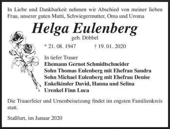 Traueranzeige von Helga Eulenberg (geb. Döbbel)  von Magdeburger Volksstimme