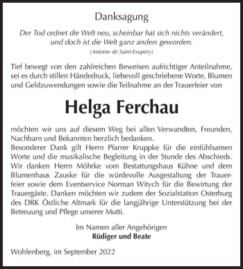 Traueranzeige von Helga Ferchau  von Magdeburger Volksstimme