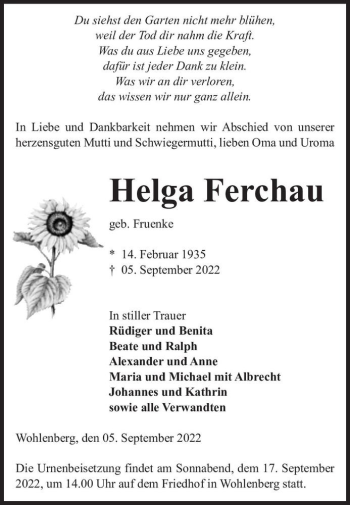 Traueranzeige von Helga Ferchau (geb. Fruenke)  von Magdeburger Volksstimme