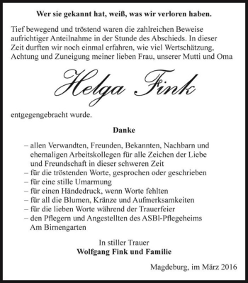Traueranzeige von Helga Fink  von Magdeburger Volksstimme