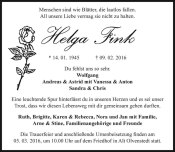 Traueranzeige von Helga Fink  von Magdeburger Volksstimme