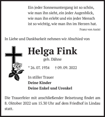 Traueranzeige von Helga Fink (geb. Dähne)  von Magdeburger Volksstimme