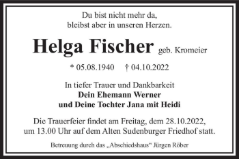 Traueranzeige von Helga Fischer (geb. Kromeier)  von Magdeburger Volksstimme