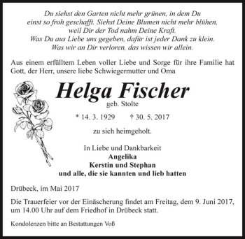 Traueranzeige von Helga Fischer (geb. Stolte)  von Magdeburger Volksstimme