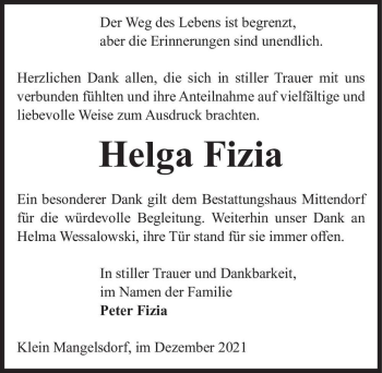 Traueranzeige von Helga Fizia  von Magdeburger Volksstimme