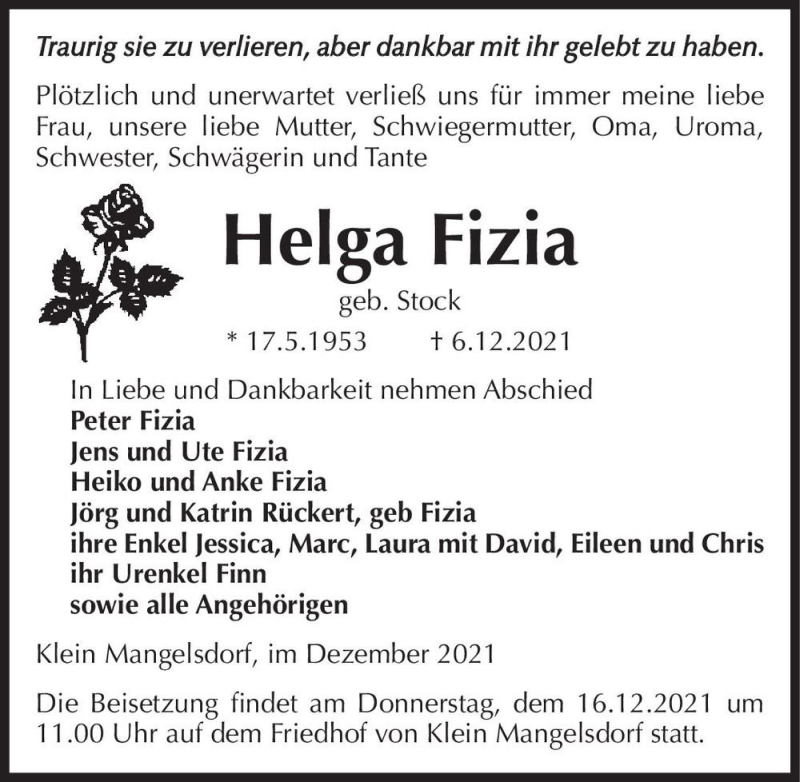  Traueranzeige für Helga Fizia (geb. Stock)  vom 11.12.2021 aus Magdeburger Volksstimme