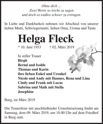 Traueranzeige von Helga Fleck  von Magdeburger Volksstimme