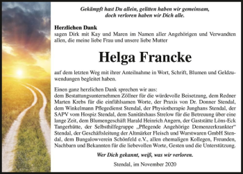 Traueranzeige von Helga Francke  von Magdeburger Volksstimme