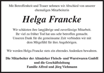 Traueranzeige von Helga Francke  von Magdeburger Volksstimme