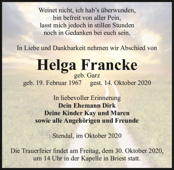 Traueranzeige von Helga Francke (geb. Garz)  von Magdeburger Volksstimme