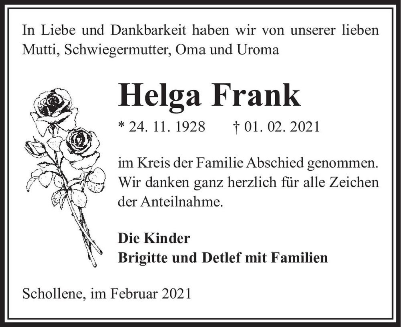  Traueranzeige für Helga Frank  vom 27.02.2021 aus Magdeburger Volksstimme