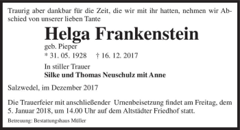 Traueranzeige von Helga Frankenstein (geb. Pieper)  von Magdeburger Volksstimme