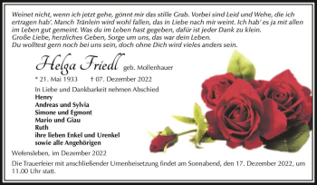 Traueranzeige von Helga Friedl (geb. Mollenhauer)  von Magdeburger Volksstimme