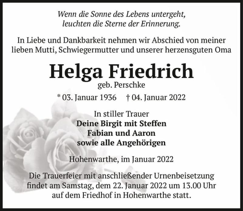  Traueranzeige für Helga Friedrich (geb. Perschke)  vom 08.01.2022 aus Magdeburger Volksstimme