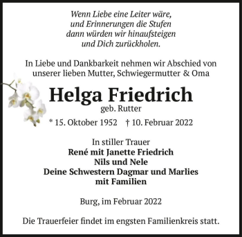 Traueranzeige von Helga Friedrich (geb. Rutter)  von Magdeburger Volksstimme