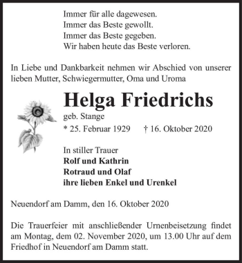 Traueranzeige von Helga Friedrichs (geb. Stange)  von Magdeburger Volksstimme