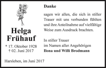 Traueranzeige von Helga Frühauf  von Magdeburger Volksstimme