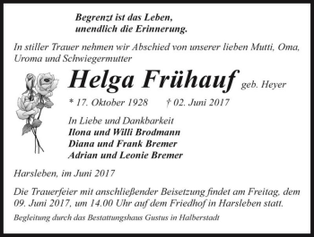 Traueranzeige von Helga Frühauf (geb. Heyer)  von Magdeburger Volksstimme