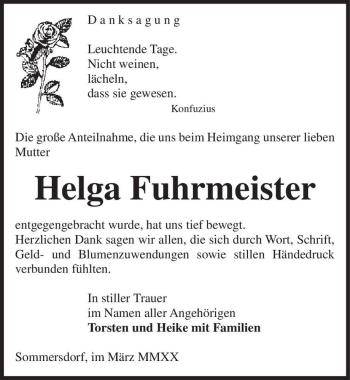 Traueranzeige von Helga Fuhrmeister  von Magdeburger Volksstimme