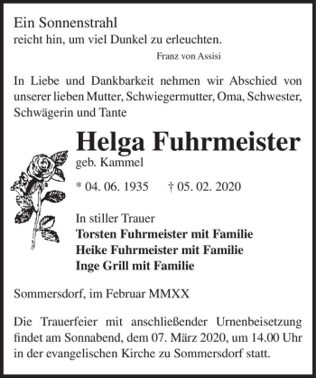 Traueranzeige von Helga Fuhrmeister (geb. Kammel)  von Magdeburger Volksstimme