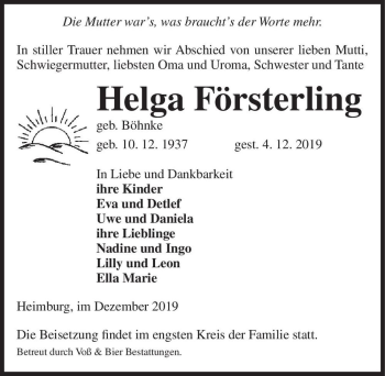 Traueranzeige von Helga Försterling (geb. Böhnke)  von Magdeburger Volksstimme