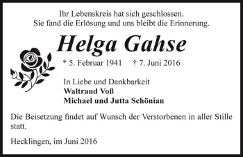 Traueranzeige von Helga Gahse  von Magdeburger Volksstimme