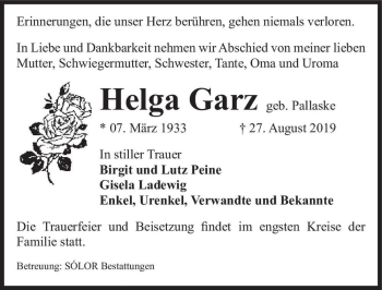 Traueranzeige von Helga Garz (geb. Pallaske)  von Magdeburger Volksstimme