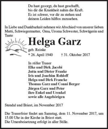 Traueranzeige von Helga Garz (geb. Reinke)  von Magdeburger Volksstimme