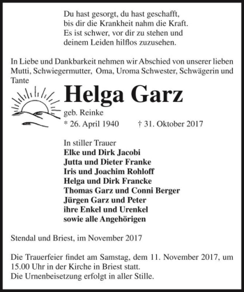 Traueranzeige von Helga Garz (geb. Reinke)  von Magdeburger Volksstimme