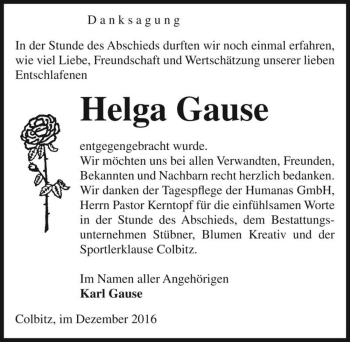 Traueranzeige von Helga Gause  von Magdeburger Volksstimme
