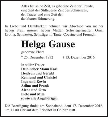 Traueranzeige von Helga Gause (geb. Ebert)  von Magdeburger Volksstimme