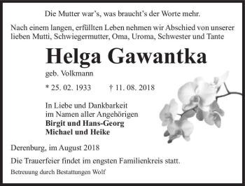 Traueranzeige von Helga Gawantka (geb. Volkmann)  von Magdeburger Volksstimme