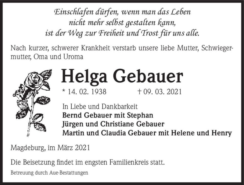 Traueranzeige für Helga Gebauer  vom 20.03.2021 aus Magdeburger Volksstimme