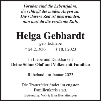 Traueranzeige von Helga Gebhardt (geb. Ecklebe)  von Magdeburger Volksstimme