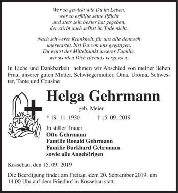Traueranzeige von Helga Gehrmann (geb. Meier)  von Magdeburger Volksstimme